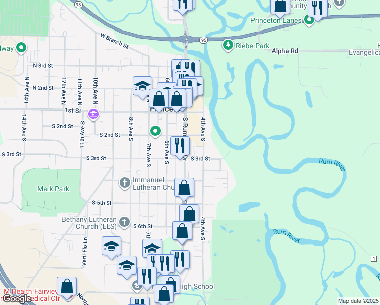 map of restaurants, bars, coffee shops, grocery stores, and more near 401 South 3rd Street in Princeton