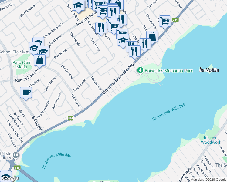 map of restaurants, bars, coffee shops, grocery stores, and more near 188 Chemin de la Grande-Côte in Saint-Eustache