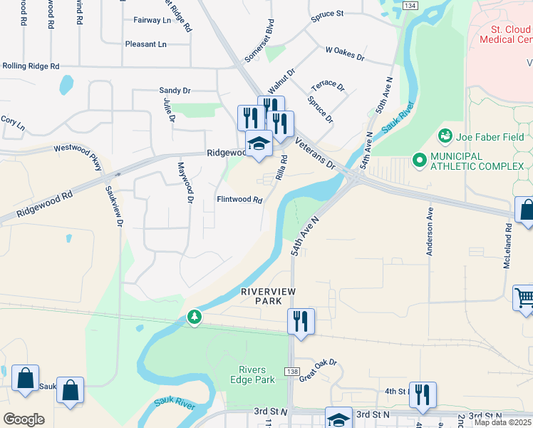 map of restaurants, bars, coffee shops, grocery stores, and more near 806 Rilla Road in St. Cloud