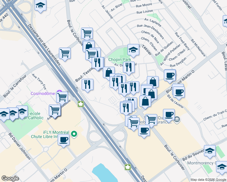 map of restaurants, bars, coffee shops, grocery stores, and more near 1804 Boulevard le Corbusier in Laval