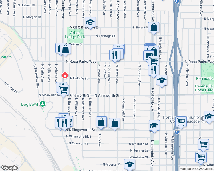 map of restaurants, bars, coffee shops, grocery stores, and more near 6039 North Gay Avenue in Portland