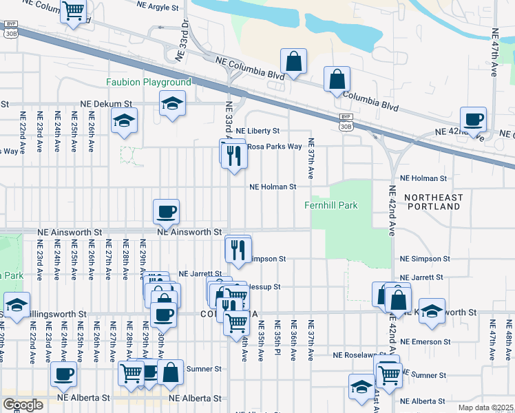 map of restaurants, bars, coffee shops, grocery stores, and more near 6117 Northeast 35th Avenue in Portland