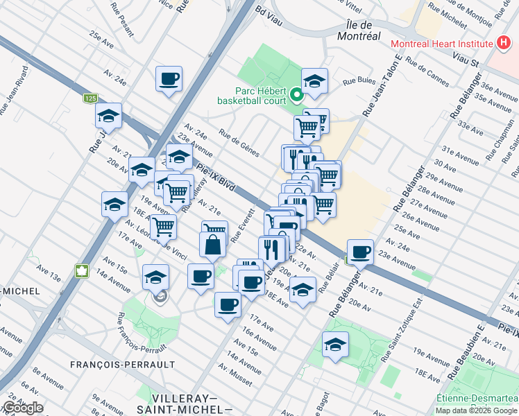 map of restaurants, bars, coffee shops, grocery stores, and more near 7340 Boulevard Pie-IX in Montréal