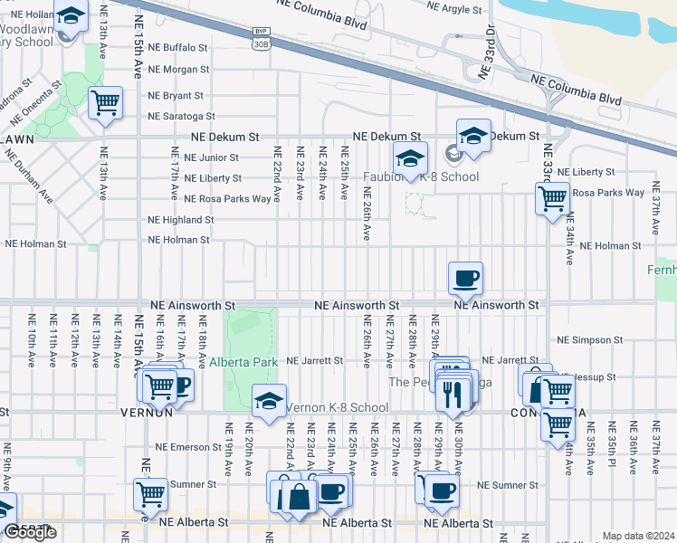 map of restaurants, bars, coffee shops, grocery stores, and more near 6038 Northeast 25th Avenue in Portland