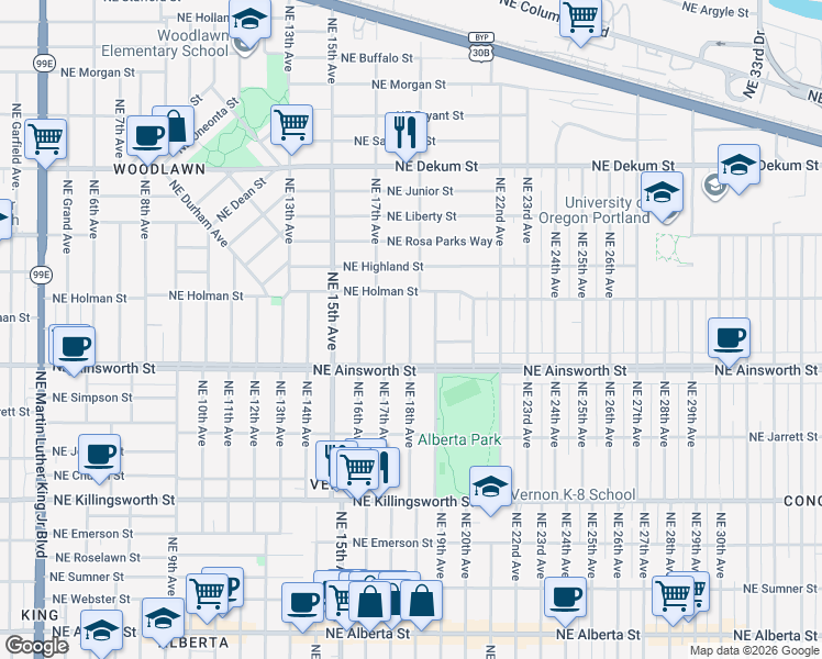 map of restaurants, bars, coffee shops, grocery stores, and more near 6034 Northeast 17th Avenue in Portland