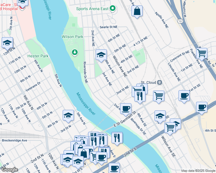 map of restaurants, bars, coffee shops, grocery stores, and more near 221 3rd Avenue Northeast in St. Cloud