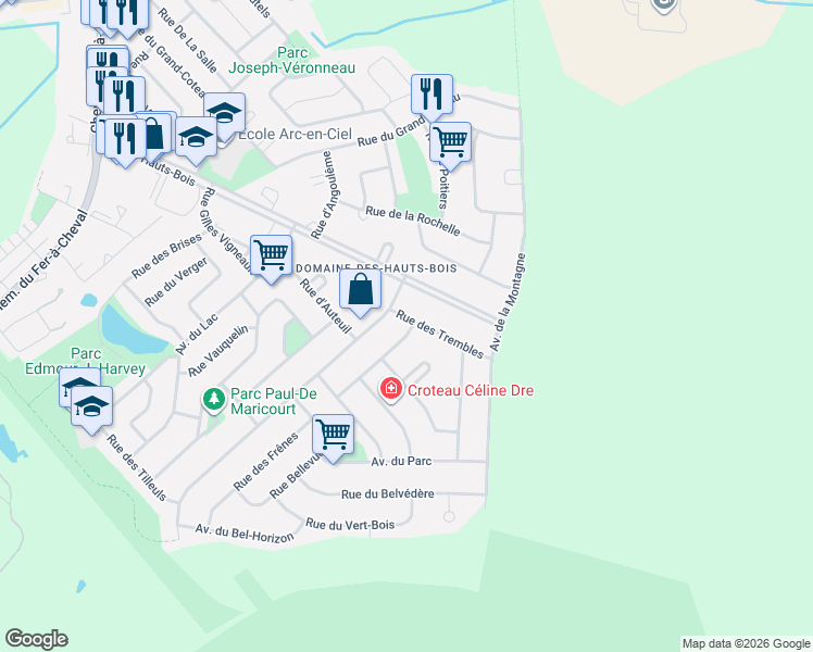 map of restaurants, bars, coffee shops, grocery stores, and more near 101 Rue du Piémont in Sainte-Julie