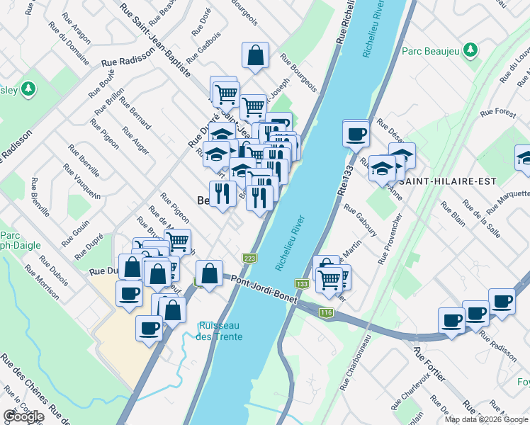 map of restaurants, bars, coffee shops, grocery stores, and more near 890 Rue Richelieu in Beloeil