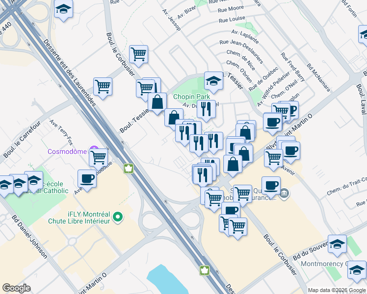map of restaurants, bars, coffee shops, grocery stores, and more near 1800 Boulevard le Corbusier in Laval