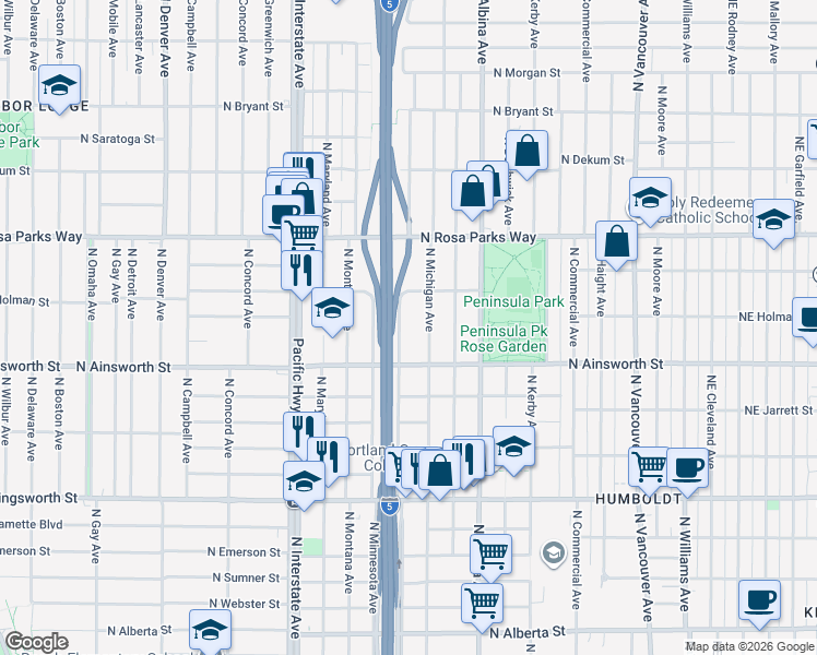 map of restaurants, bars, coffee shops, grocery stores, and more near 6027 North Michigan Avenue in Portland