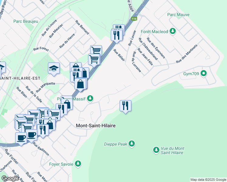 map of restaurants, bars, coffee shops, grocery stores, and more near 539 Rue du Massif in Mont-Saint-Hilaire