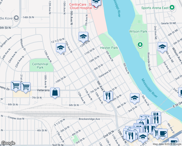 map of restaurants, bars, coffee shops, grocery stores, and more near 809 9th Avenue North in St. Cloud