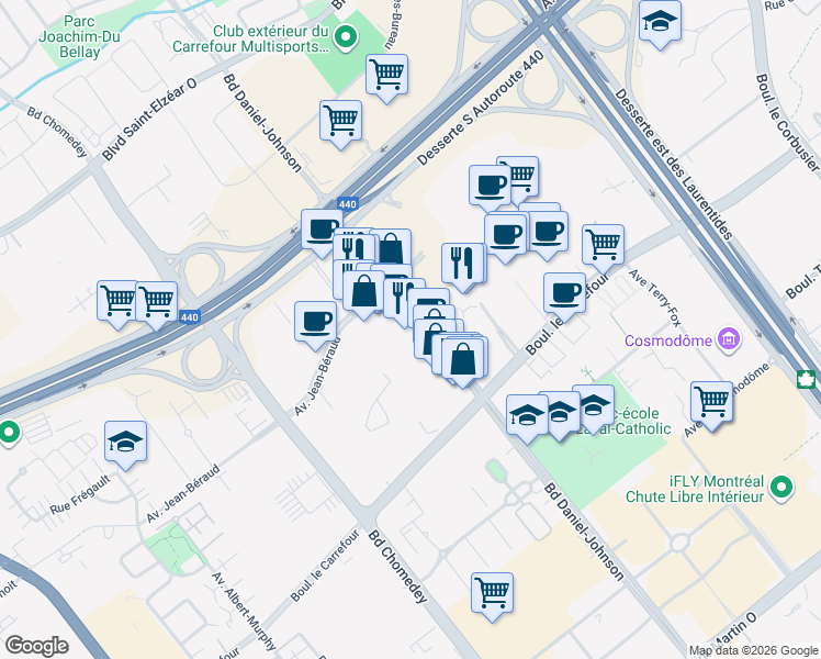 map of restaurants, bars, coffee shops, grocery stores, and more near 2570 Boulevard Daniel-Johnson in Laval