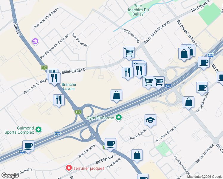 map of restaurants, bars, coffee shops, grocery stores, and more near 3665 Autoroute 440 in Laval