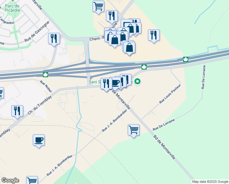 map of restaurants, bars, coffee shops, grocery stores, and more near 1550 Boulevard de Montarville in Boucherville