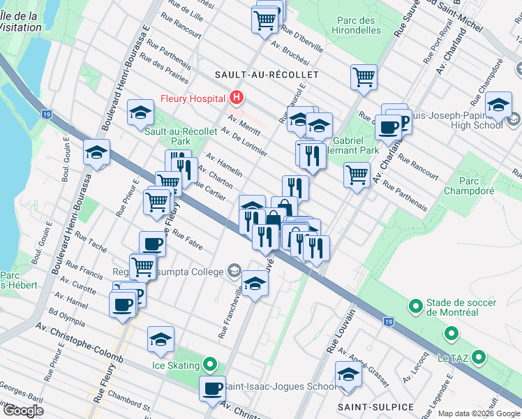 map of restaurants, bars, coffee shops, grocery stores, and more near 9946 Avenue Charton in Montréal
