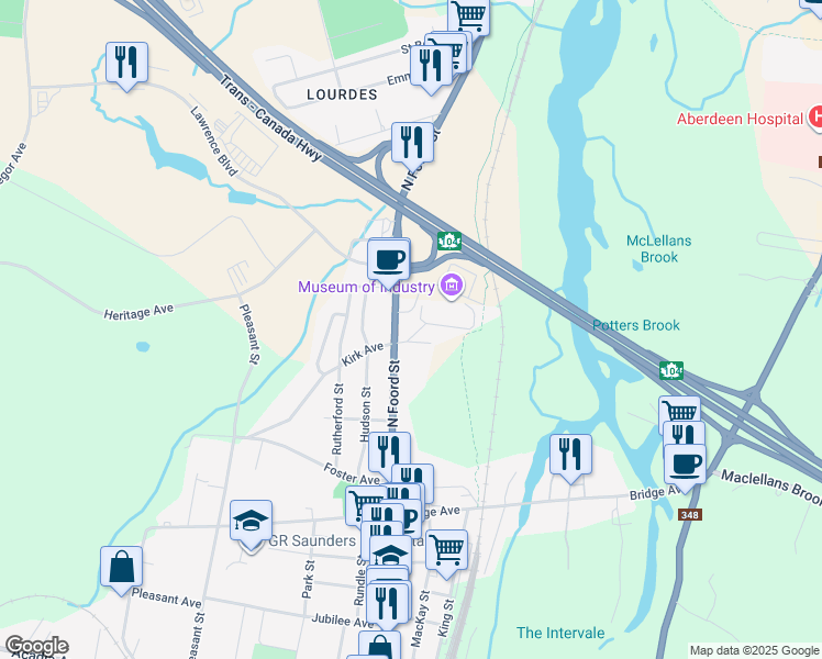 map of restaurants, bars, coffee shops, grocery stores, and more near 18 Kirk Avenue in Stellarton