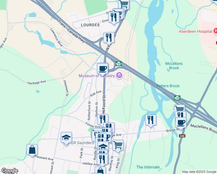 map of restaurants, bars, coffee shops, grocery stores, and more near 18 Kirk Avenue in Stellarton
