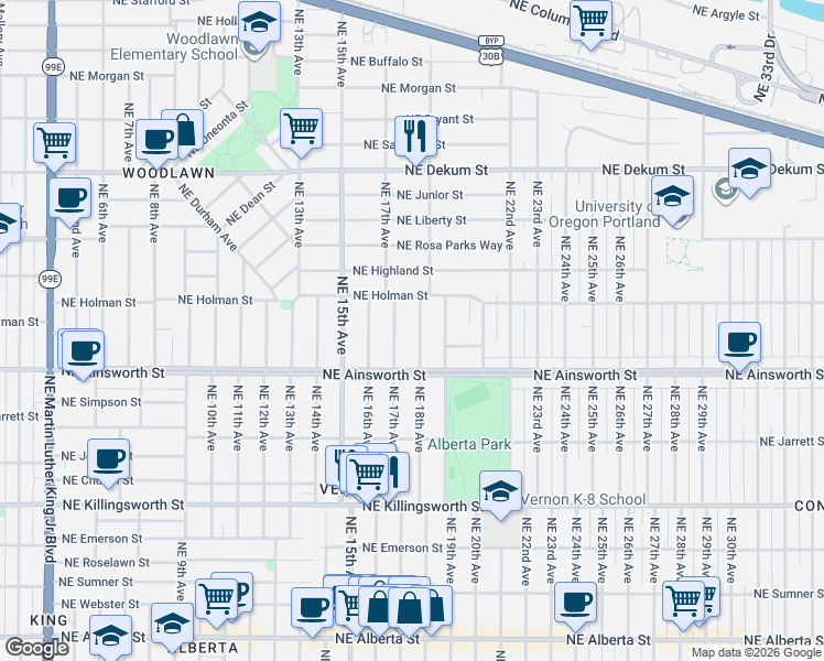 map of restaurants, bars, coffee shops, grocery stores, and more near 6133 Northeast 18th Avenue in Portland