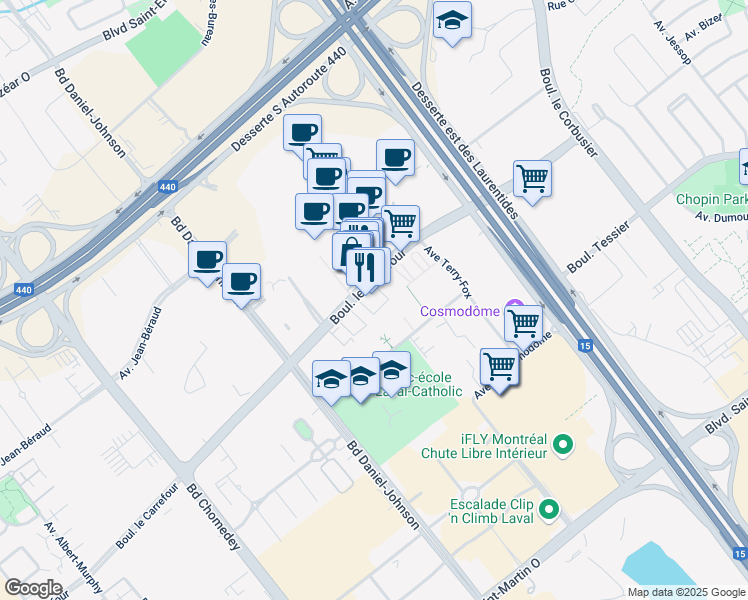map of restaurants, bars, coffee shops, grocery stores, and more near 3030 Boulevard le Carrefour in Laval