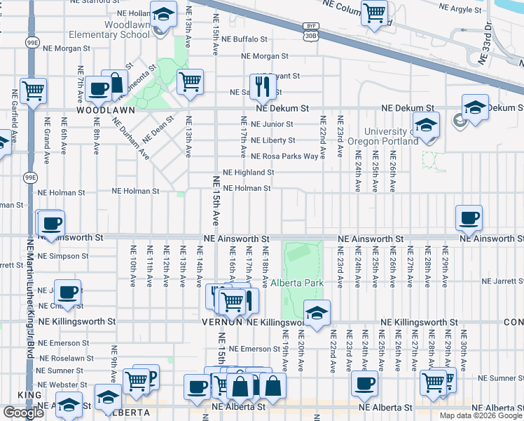 map of restaurants, bars, coffee shops, grocery stores, and more near 6133 Northeast 18th Avenue in Portland