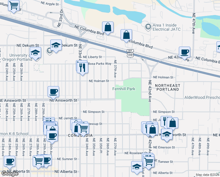 map of restaurants, bars, coffee shops, grocery stores, and more near 6036 Northeast 36th Avenue in Portland