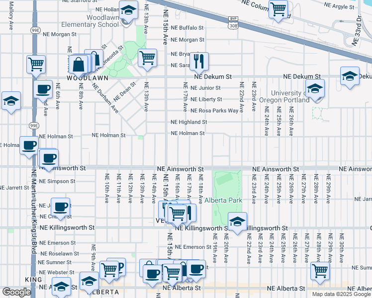 map of restaurants, bars, coffee shops, grocery stores, and more near 6110 Northeast 16th Avenue in Portland