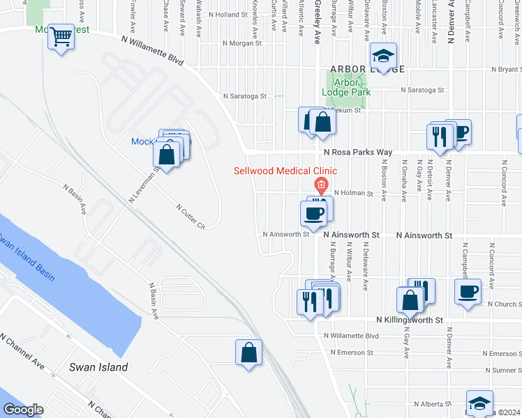 map of restaurants, bars, coffee shops, grocery stores, and more near in Portland