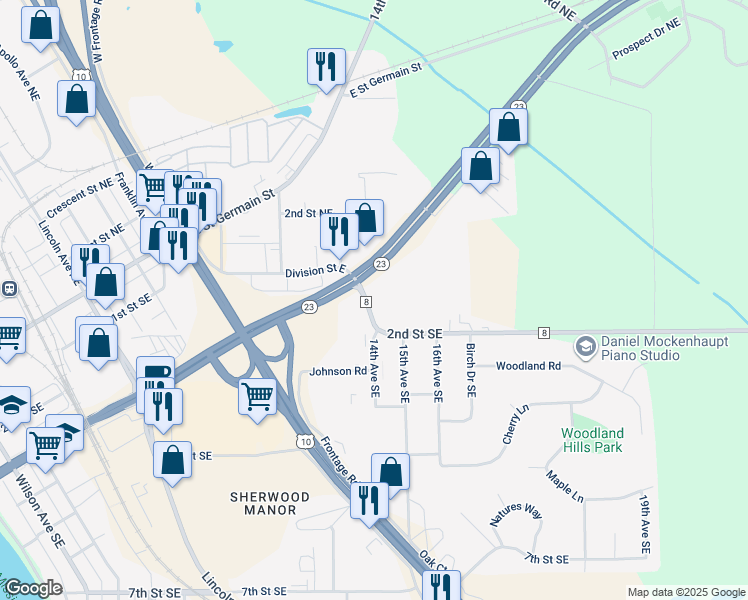 map of restaurants, bars, coffee shops, grocery stores, and more near 1230 Minnesota 23 in St. Cloud