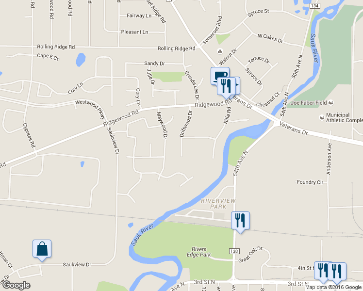 map of restaurants, bars, coffee shops, grocery stores, and more near 830 Driftwood Drive in Saint Cloud