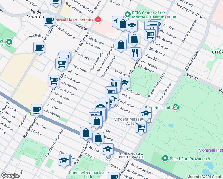 map of restaurants, bars, coffee shops, grocery stores, and more near 30e Avenue in Montréal