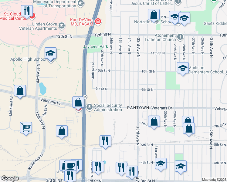 map of restaurants, bars, coffee shops, grocery stores, and more near 834 36th Avenue North in St. Cloud