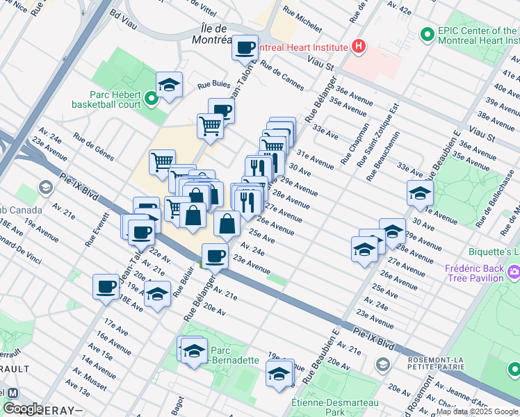 map of restaurants, bars, coffee shops, grocery stores, and more near in Montreal