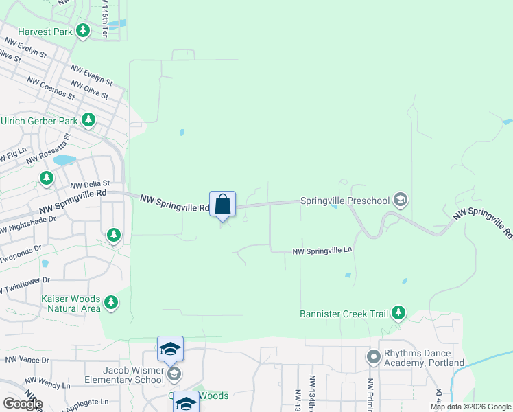 map of restaurants, bars, coffee shops, grocery stores, and more near Northwest Springville Road in Portland