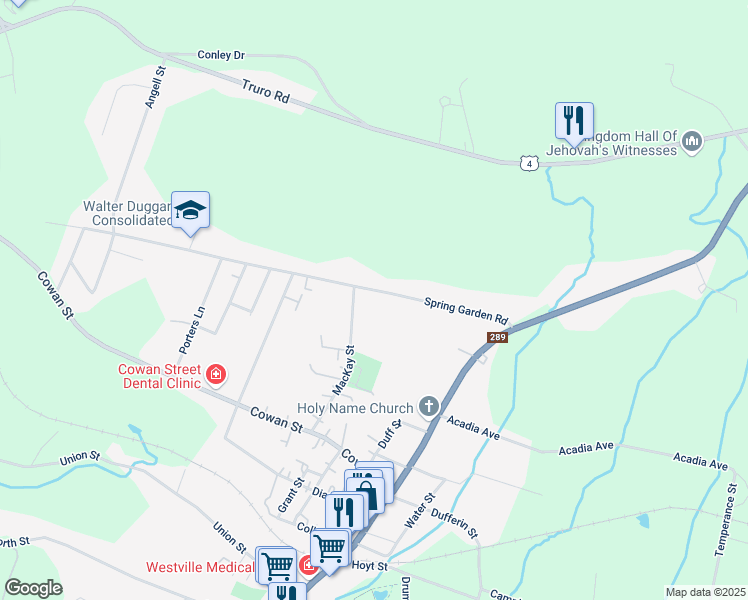 map of restaurants, bars, coffee shops, grocery stores, and more near 2161 Spring Garden Road in Westville