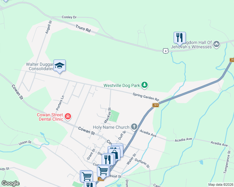 map of restaurants, bars, coffee shops, grocery stores, and more near 2161 Spring Garden Road in Westville