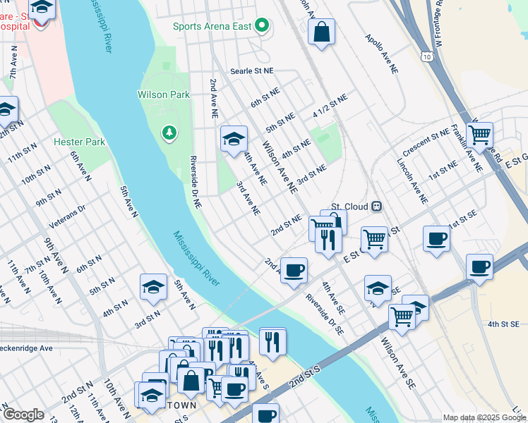 map of restaurants, bars, coffee shops, grocery stores, and more near 221 3rd Avenue Northeast in St. Cloud