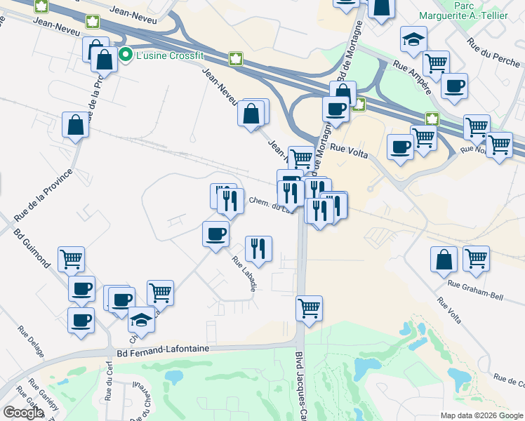 map of restaurants, bars, coffee shops, grocery stores, and more near 2740 Chemin du Lac in Longueuil