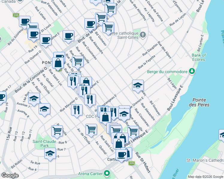 map of restaurants, bars, coffee shops, grocery stores, and more near 279 Rue Jubinville in Laval