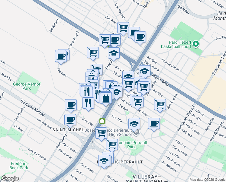 map of restaurants, bars, coffee shops, grocery stores, and more near 7925 Avenue Léonard-De Vinci in Montréal