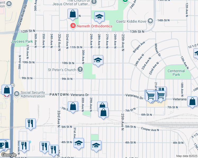 map of restaurants, bars, coffee shops, grocery stores, and more near 2805 9th Street North in Saint Cloud