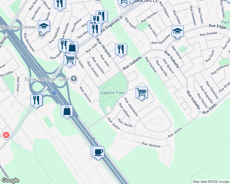 map of restaurants, bars, coffee shops, grocery stores, and more near 20 Rue Jacques in Laval