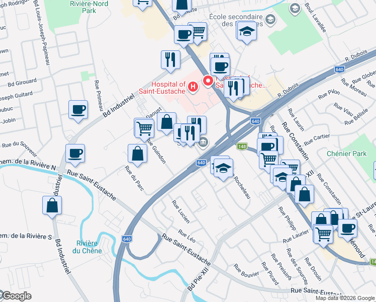 map of restaurants, bars, coffee shops, grocery stores, and more near 450 Rue du Parc in Saint-Eustache