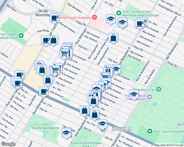 map of restaurants, bars, coffee shops, grocery stores, and more near 6675 29e Avenue in Montréal