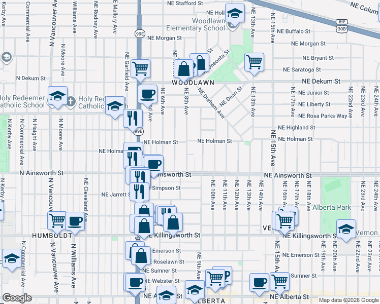 map of restaurants, bars, coffee shops, grocery stores, and more near 6204 Northeast 8th Avenue in Portland