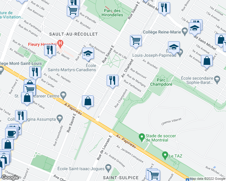 map of restaurants, bars, coffee shops, grocery stores, and more near 9509 Avenue De Lorimier in Montréal