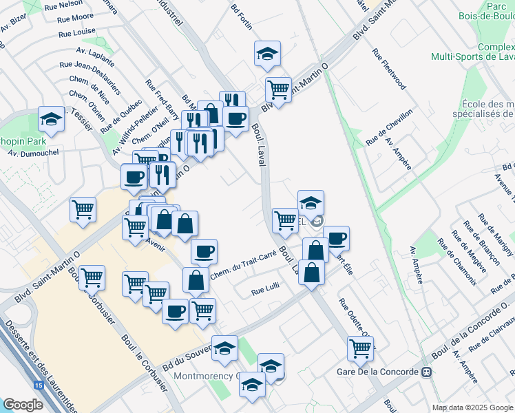 map of restaurants, bars, coffee shops, grocery stores, and more near 900 Boulevard Laval in Laval