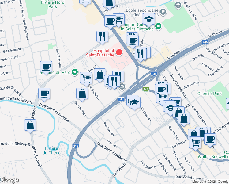 map of restaurants, bars, coffee shops, grocery stores, and more near 450 Rue du Parc in Saint-Eustache