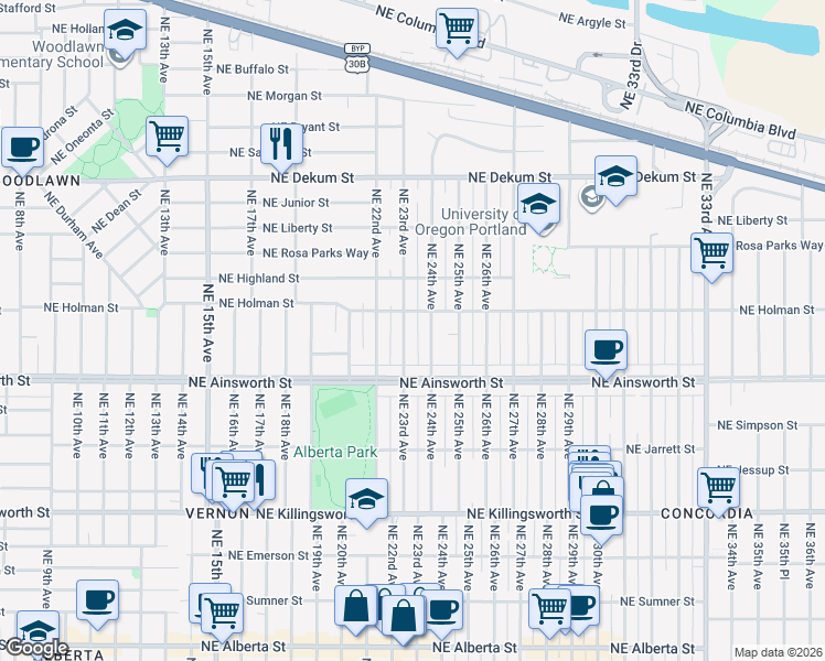 map of restaurants, bars, coffee shops, grocery stores, and more near 6039 Northeast 24th Avenue in Portland