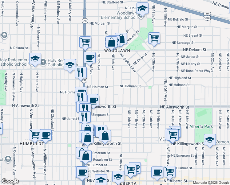 map of restaurants, bars, coffee shops, grocery stores, and more near 6035 Northeast 9th Avenue in Portland